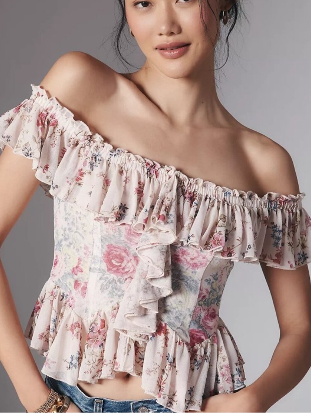 ANTHROPOLOGIE OFF THE SHOULDER TOP IN PINK ROSES SIZE LARGE